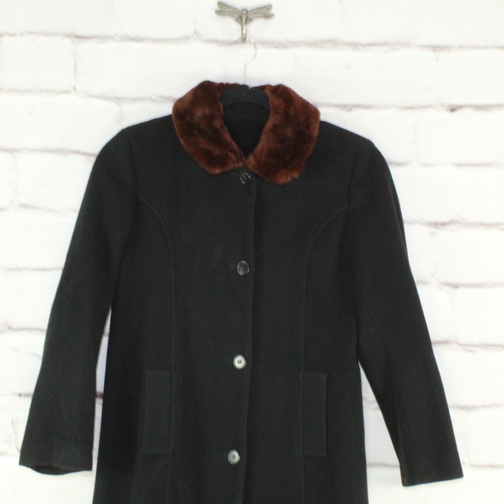 Andrea Collection Black Collared Long Lambswool Buttons Long Coat Jacket Size 8 - Picture 2 of 8